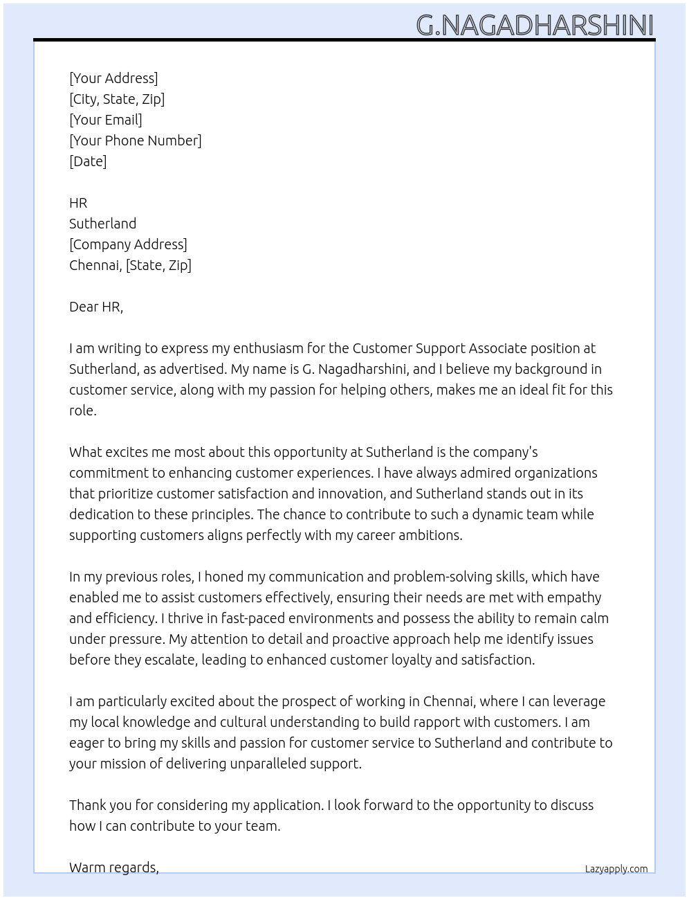 Customer support associate At Sutherland Cover Letter