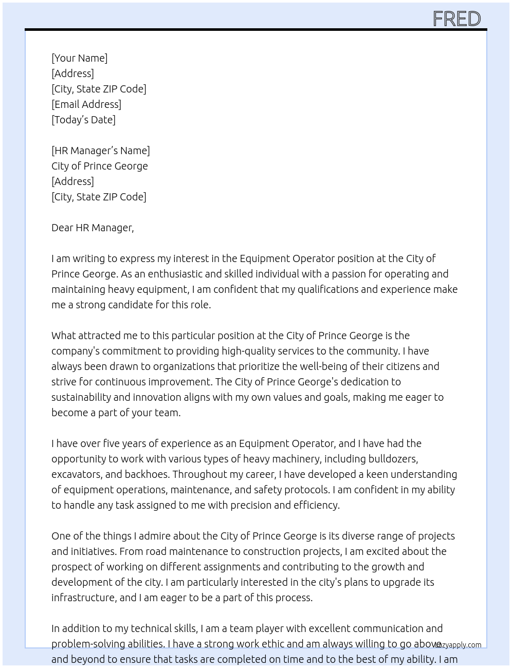 Equipment Operator At City of Prince George Cover Letter