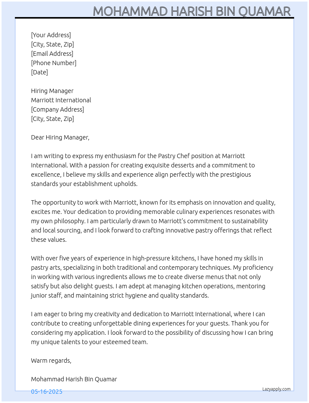 Cover letter for pastry chef - LazyApply