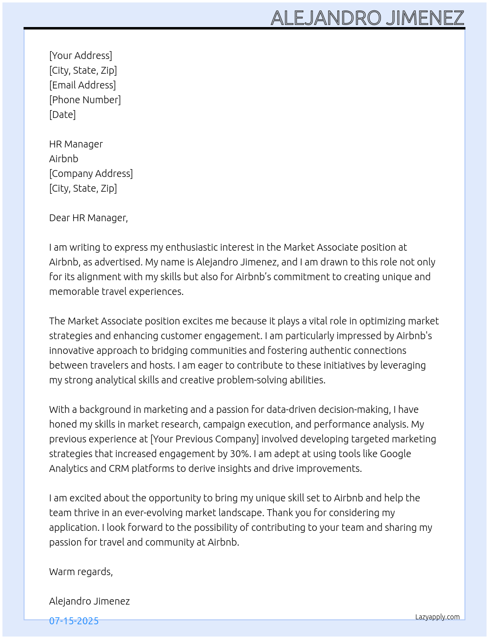 Market associate At Airbnb Cover Letter