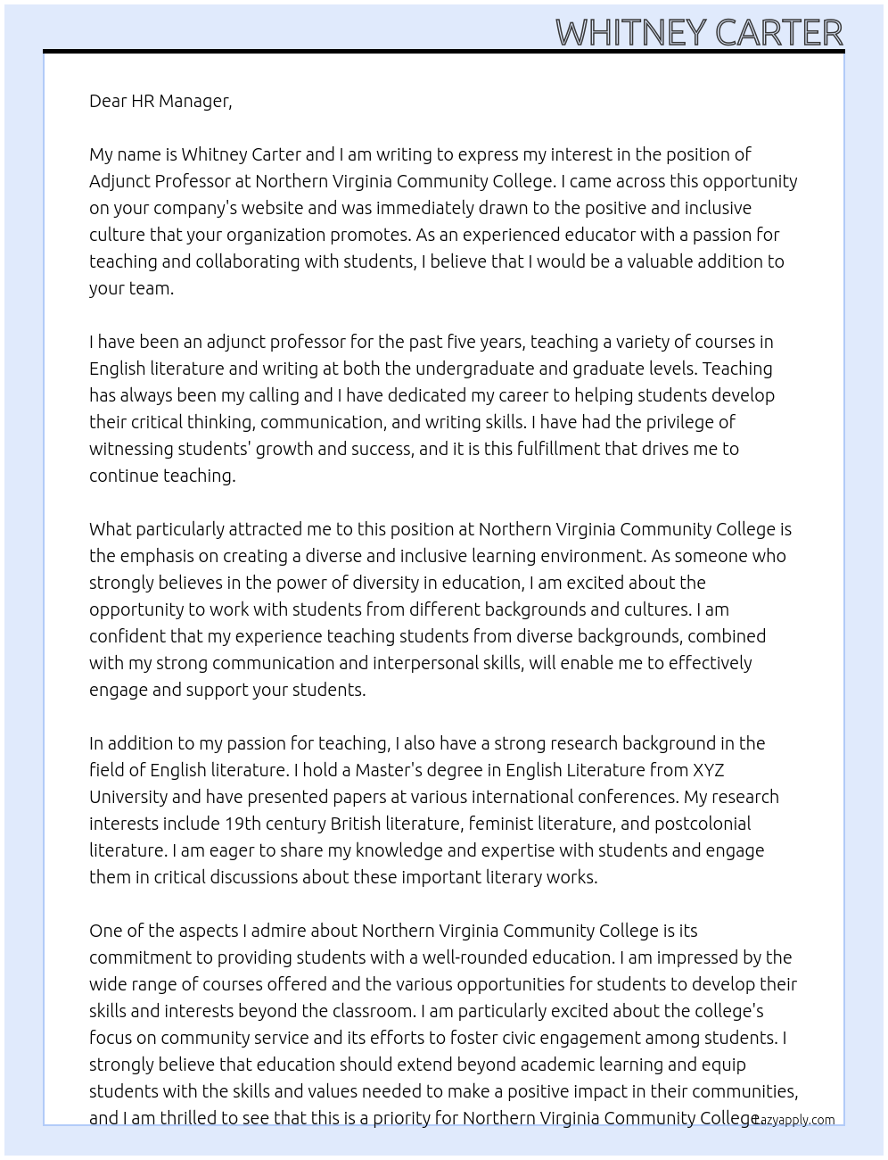 Adjunct Professor At Northern Virginia Community College Cover Letter