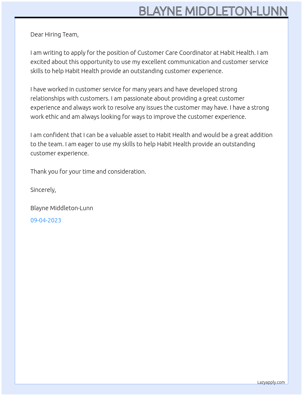 Customer Care Coordinator At Habit Health Cover Letter