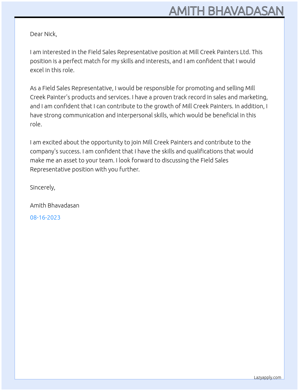 Field Sales Representative At Mill Creek Painters Ltd. Cover Letter