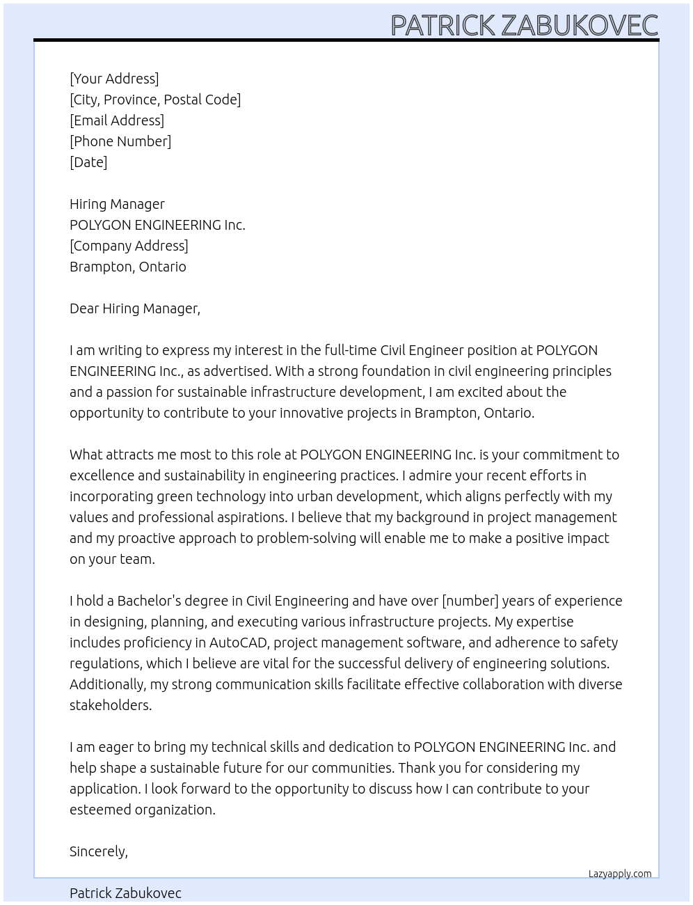 Civil engineer At POLYGON ENGINEERING Inc. Cover Letter