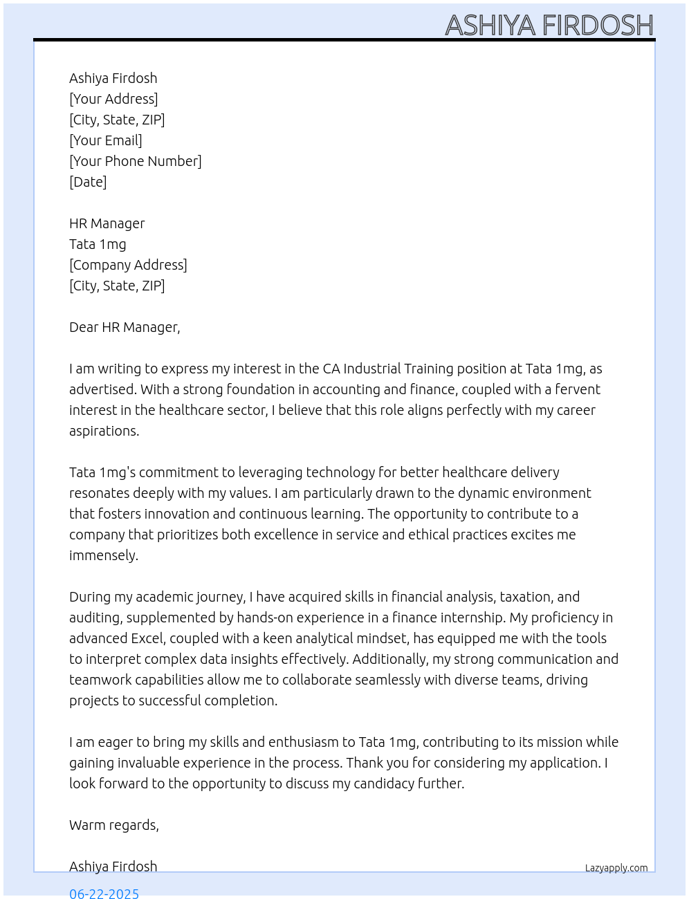 CA industrial training At Tata 1mg Cover Letter