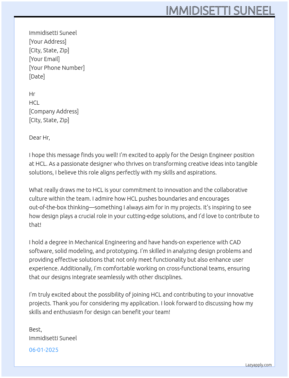 Design Engineer At HCL Cover Letter