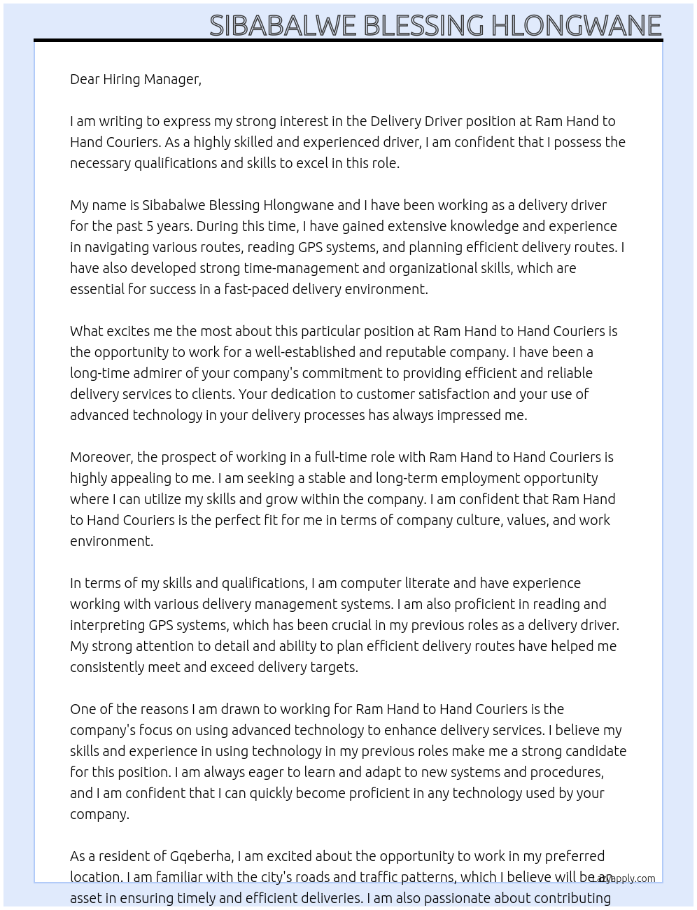 Delivery Driver At Ram Hand to Hand Couriers Cover Letter