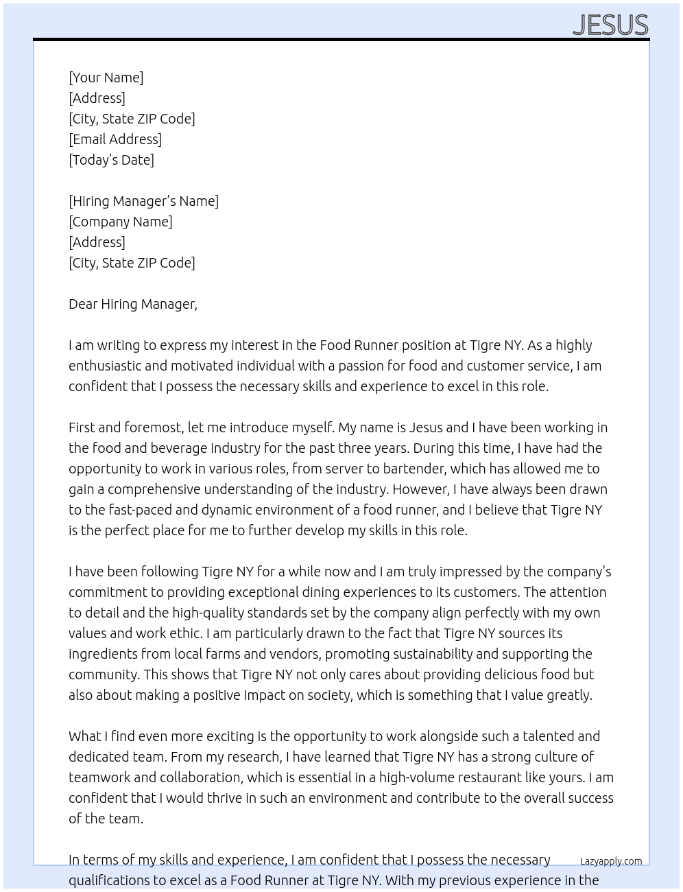 Food Runner At Tigre NY Cover Letter