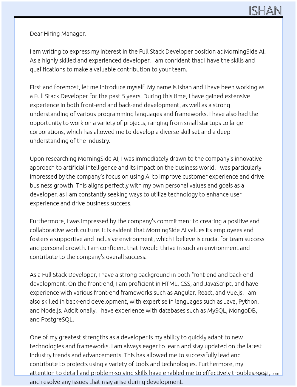 Full Stack Developer At MorningSide AI Cover Letter