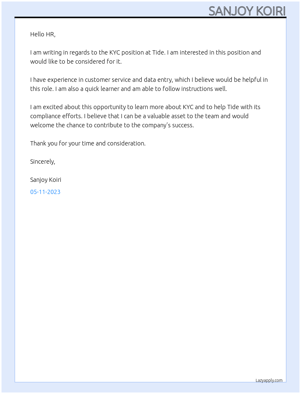 kyc At tide Cover Letter
