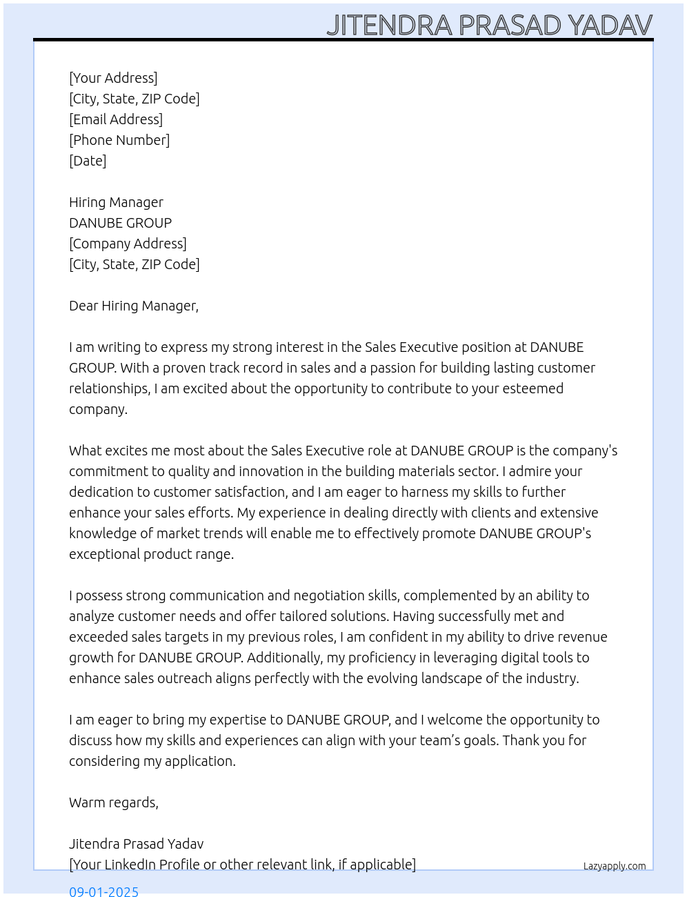 Sales Executive At DANUBE GROUP Cover Letter