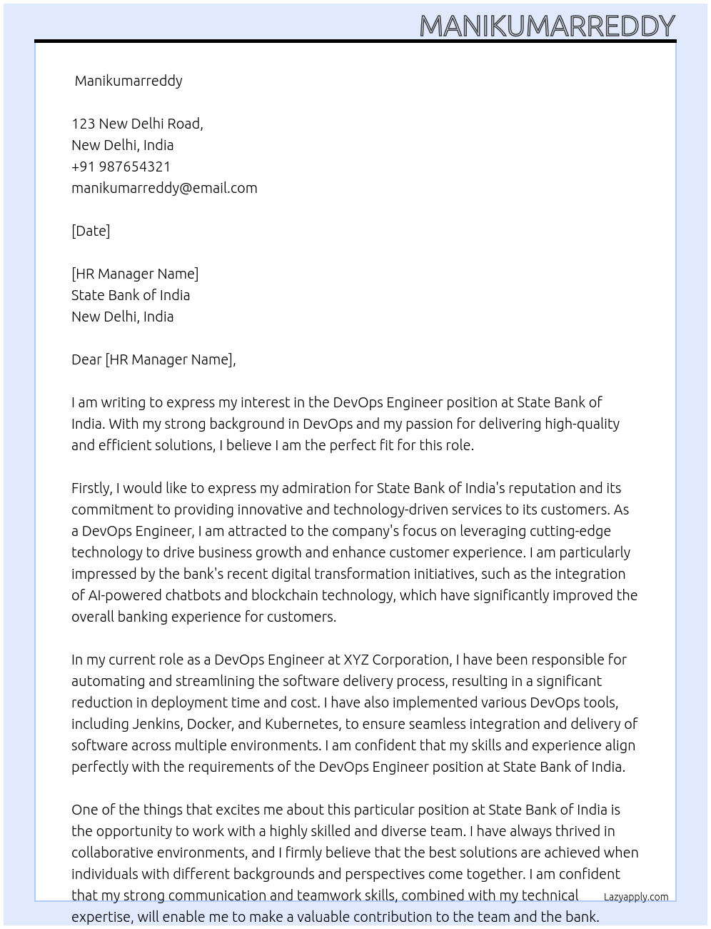 DevOps Engineer At State Bank Of India Cover Letter