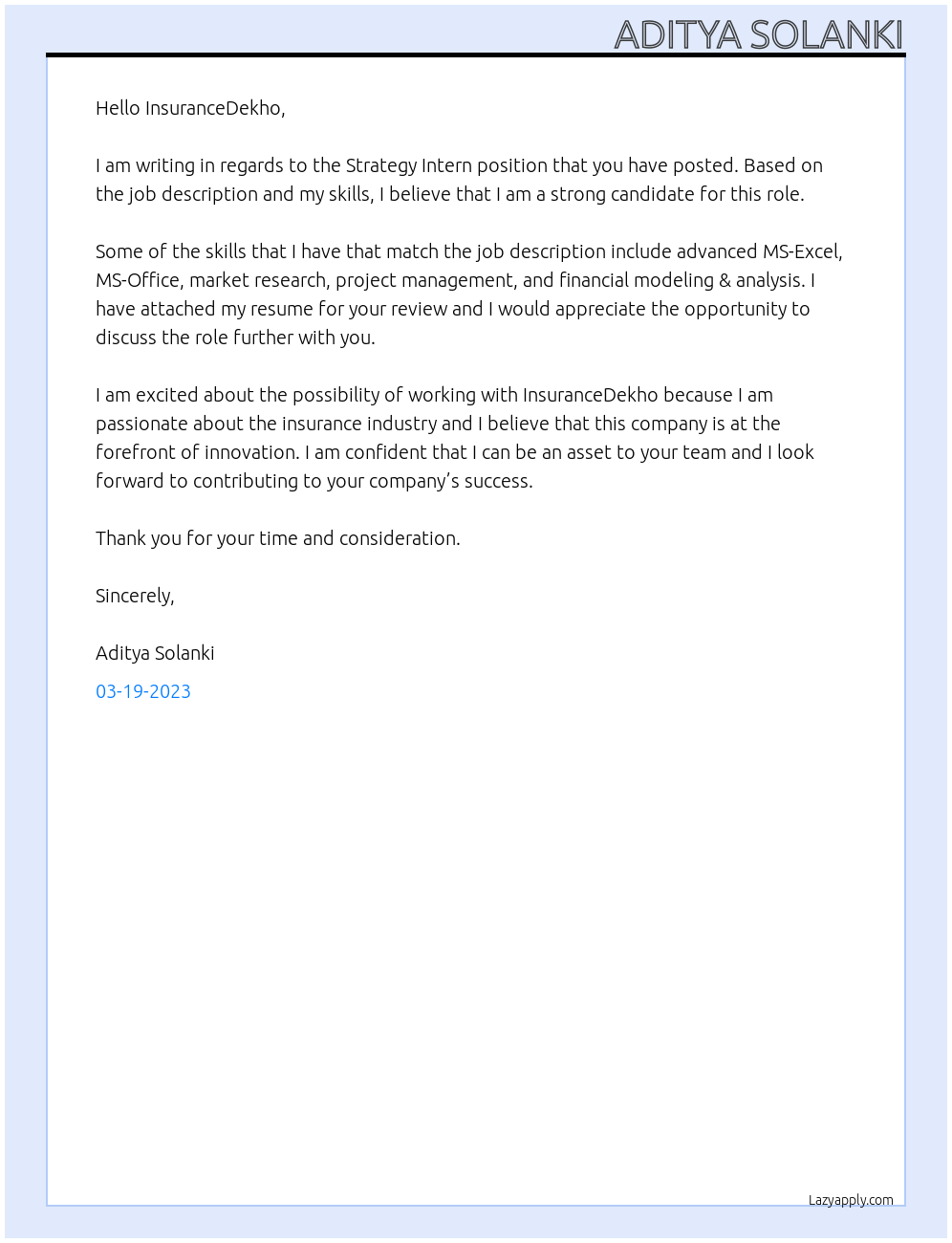 Strategy Intern At InsuranceDekho Cover Letter