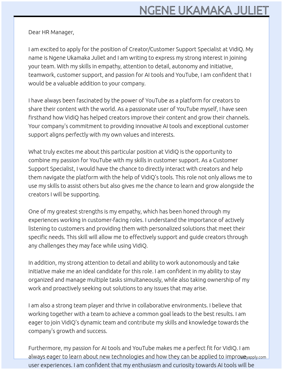 Creator/Customer Support Specialist At VidiQ Cover Letter