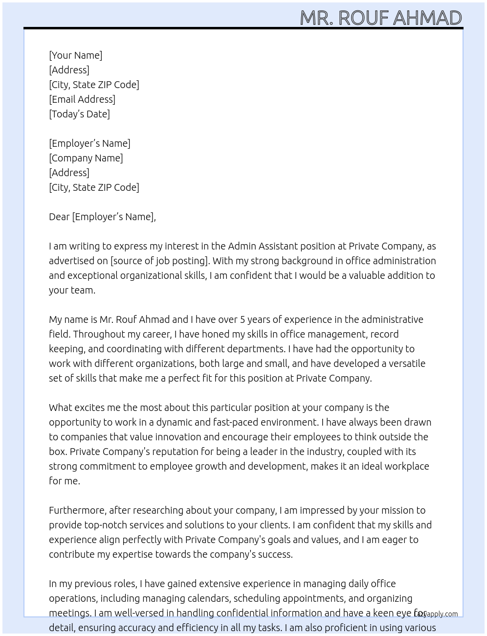 Admin Assitant  At Private Company  Cover Letter