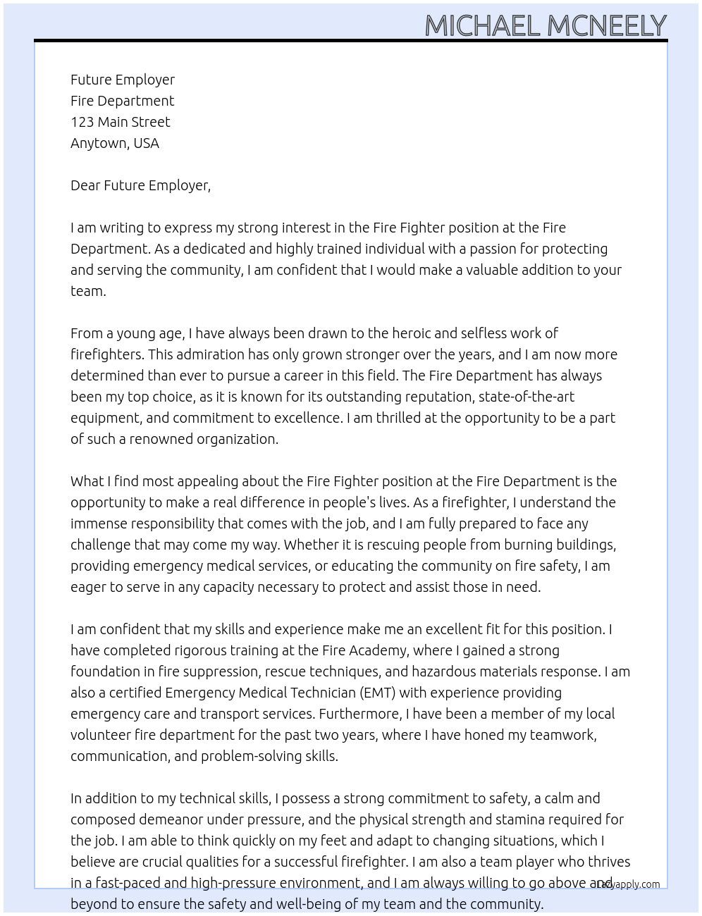 Fire Fighter At Fire Department Cover Letter
