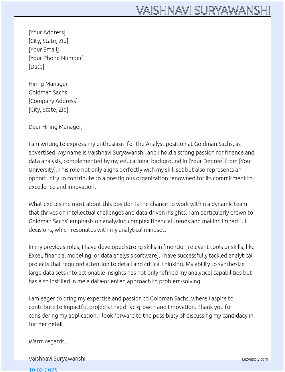 Analyst At Goldman Sachs Cover Letter