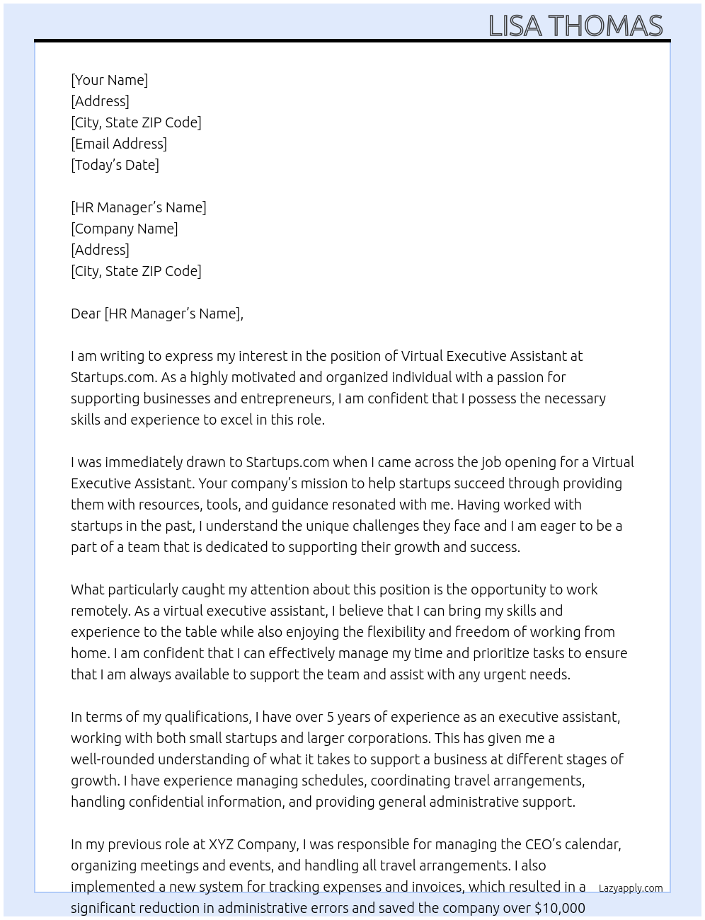 Virtual executive assistant  At Startups.com Cover Letter