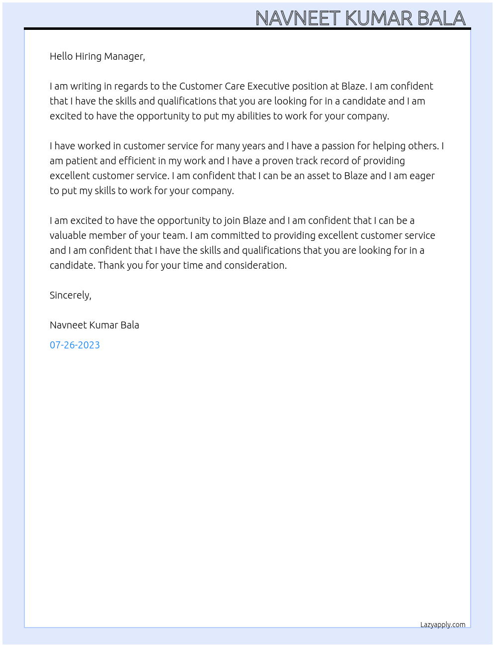 Customer care executive At Blaze Cover Letter