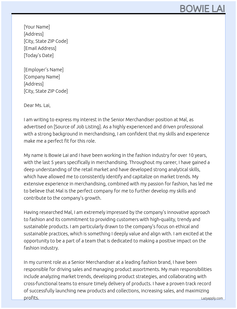 Senior Merchandiser At mal Cover Letter