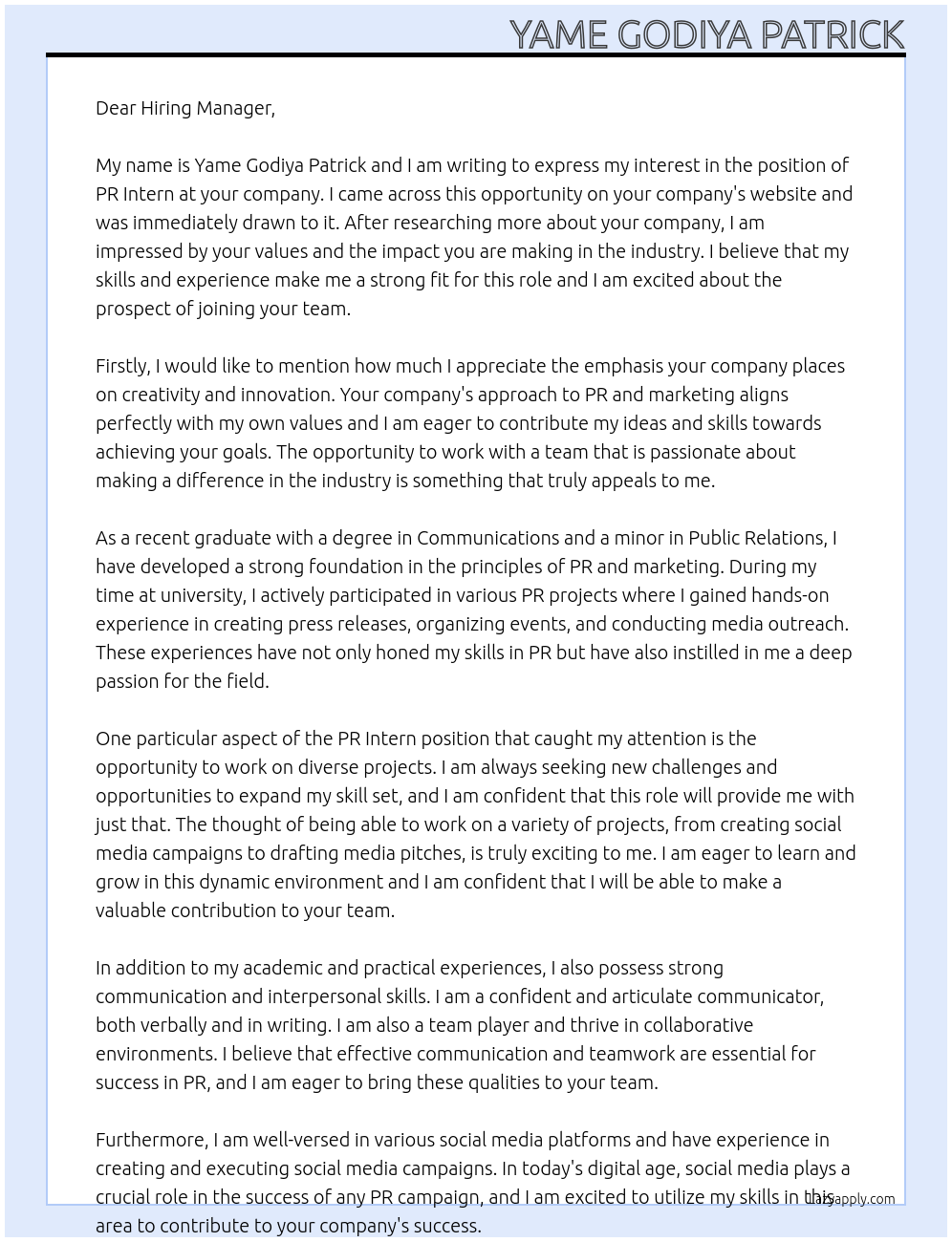 Pr Intern At Nil Cover Letter