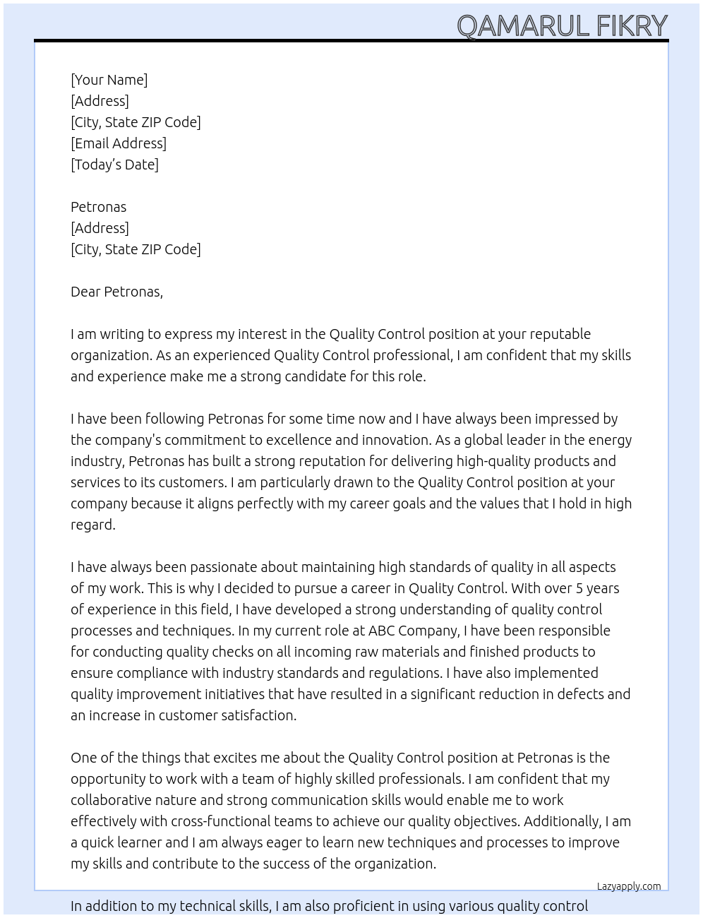 quality control At petronas Cover Letter