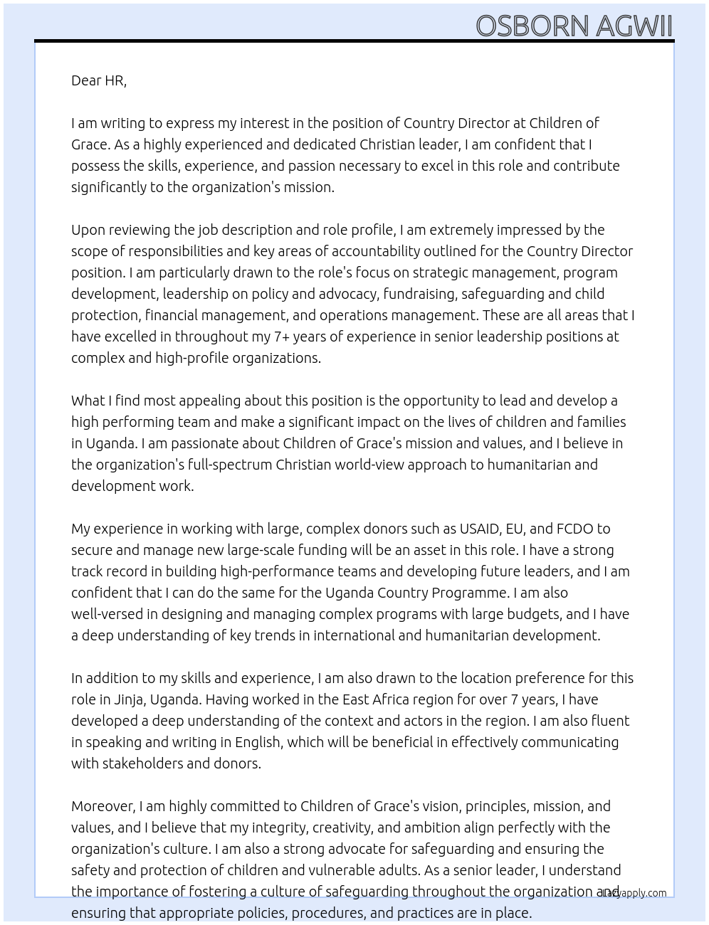 Country Director At Children of Grace Cover Letter