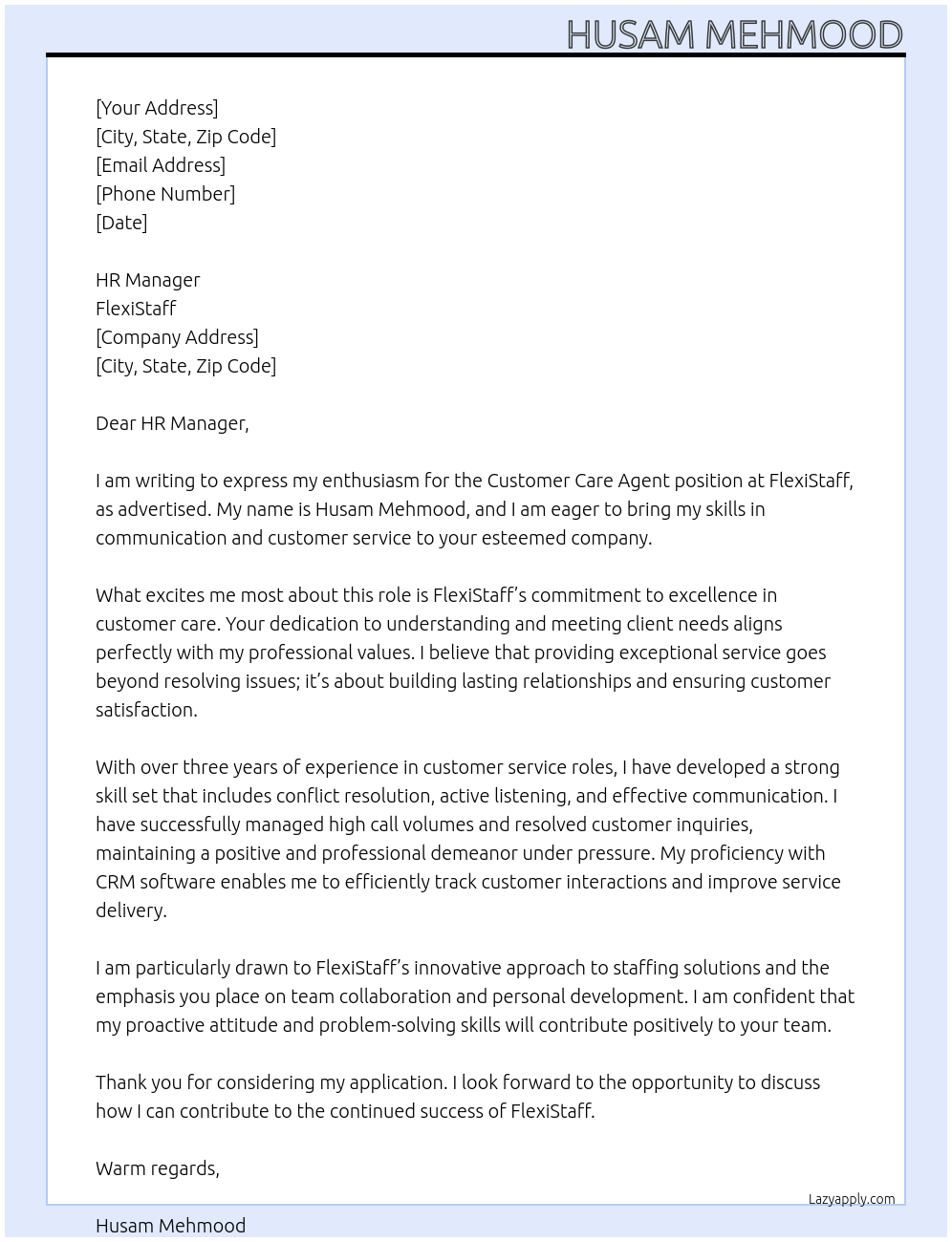 Customer Care Agent At FlexiStaff Cover Letter