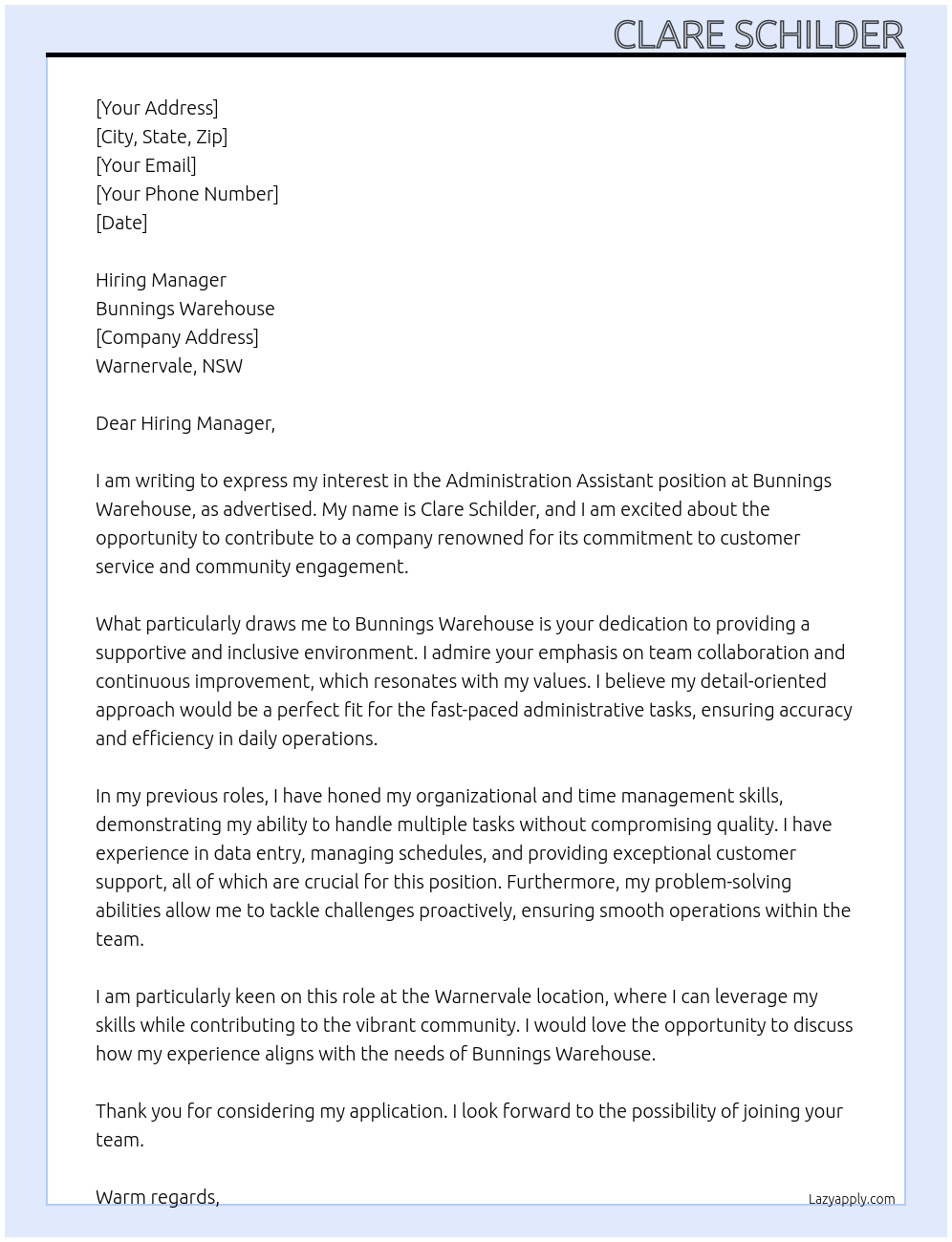 Administration assistant At Bunnings Warehouse Cover Letter