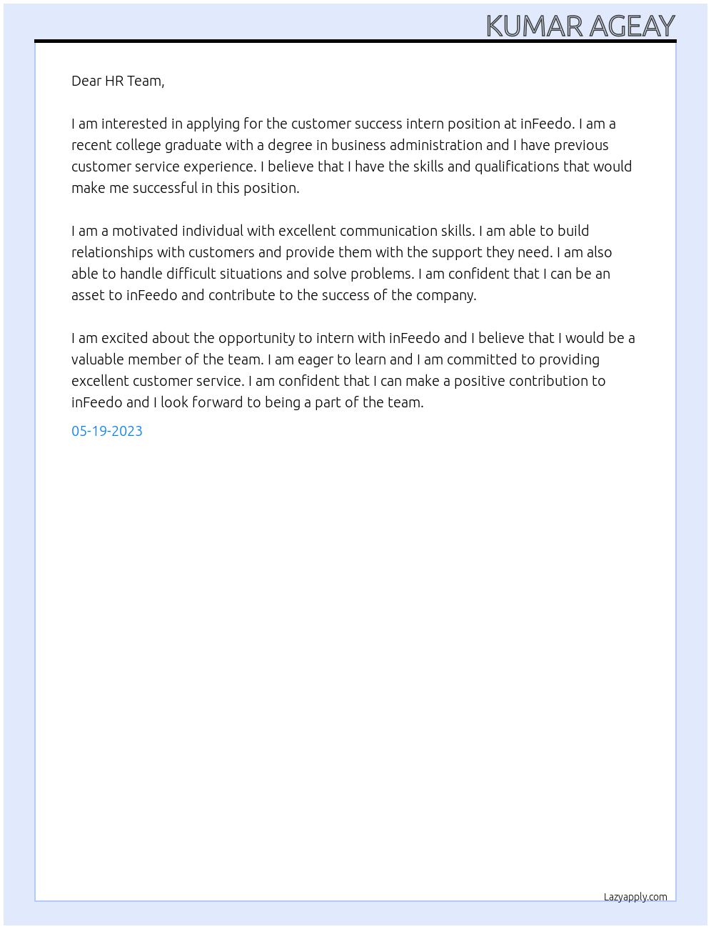 customer success intern At inFeedo Cover Letter