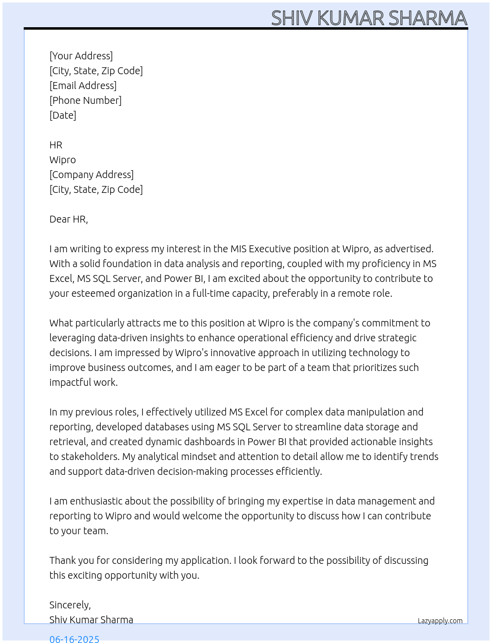 Cover letter for mis executive - LazyApply