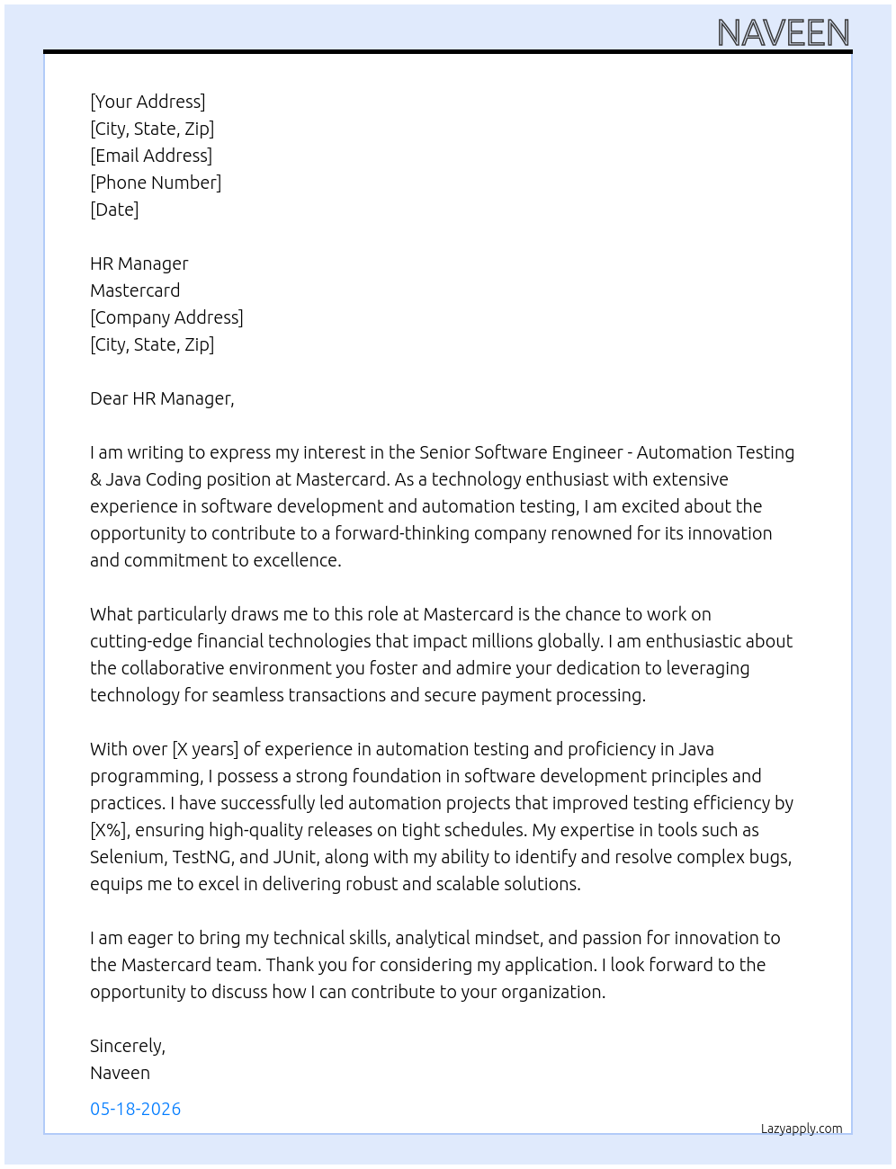 Senior Software Engineer - Automation Testing & Java Coding At Mastercard Cover Letter
