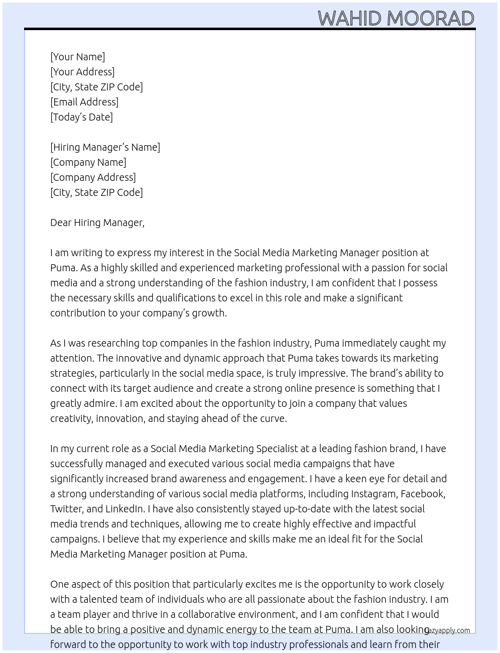 Social Media Marketing Manager At Puma Cover Letter