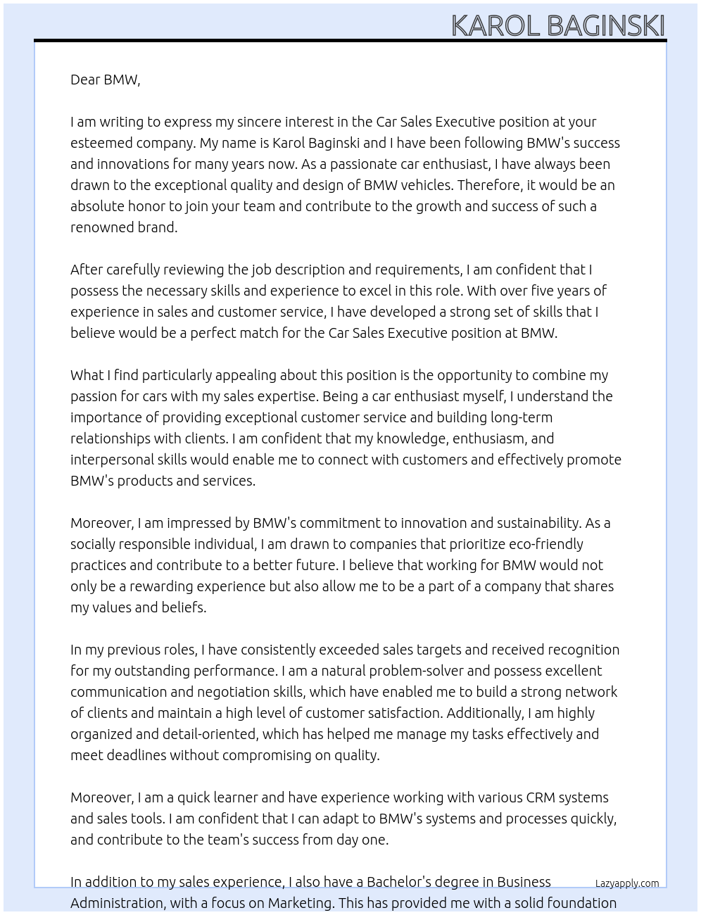 car sales executive At BMW Cover Letter