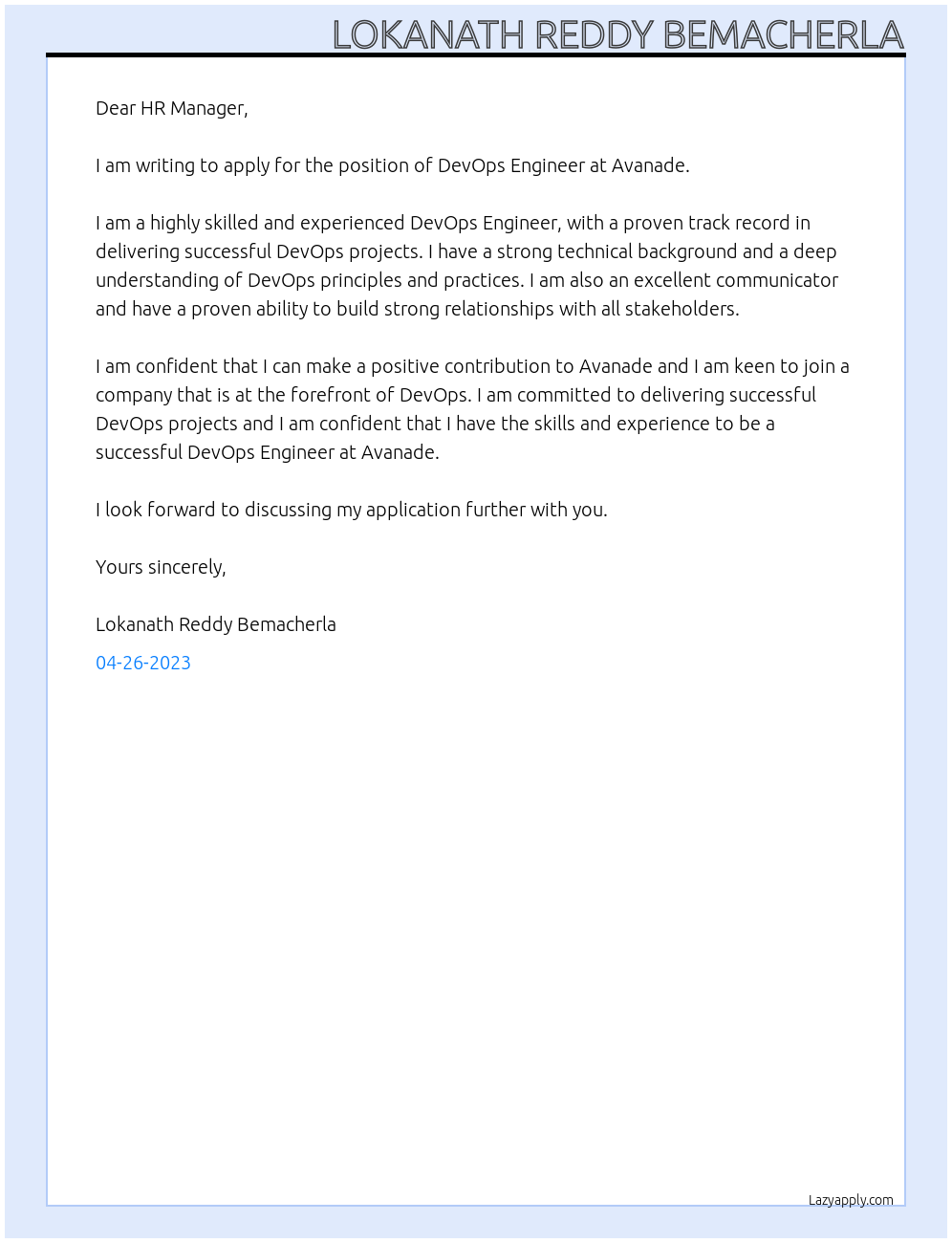 devops engineer At avanade Cover Letter