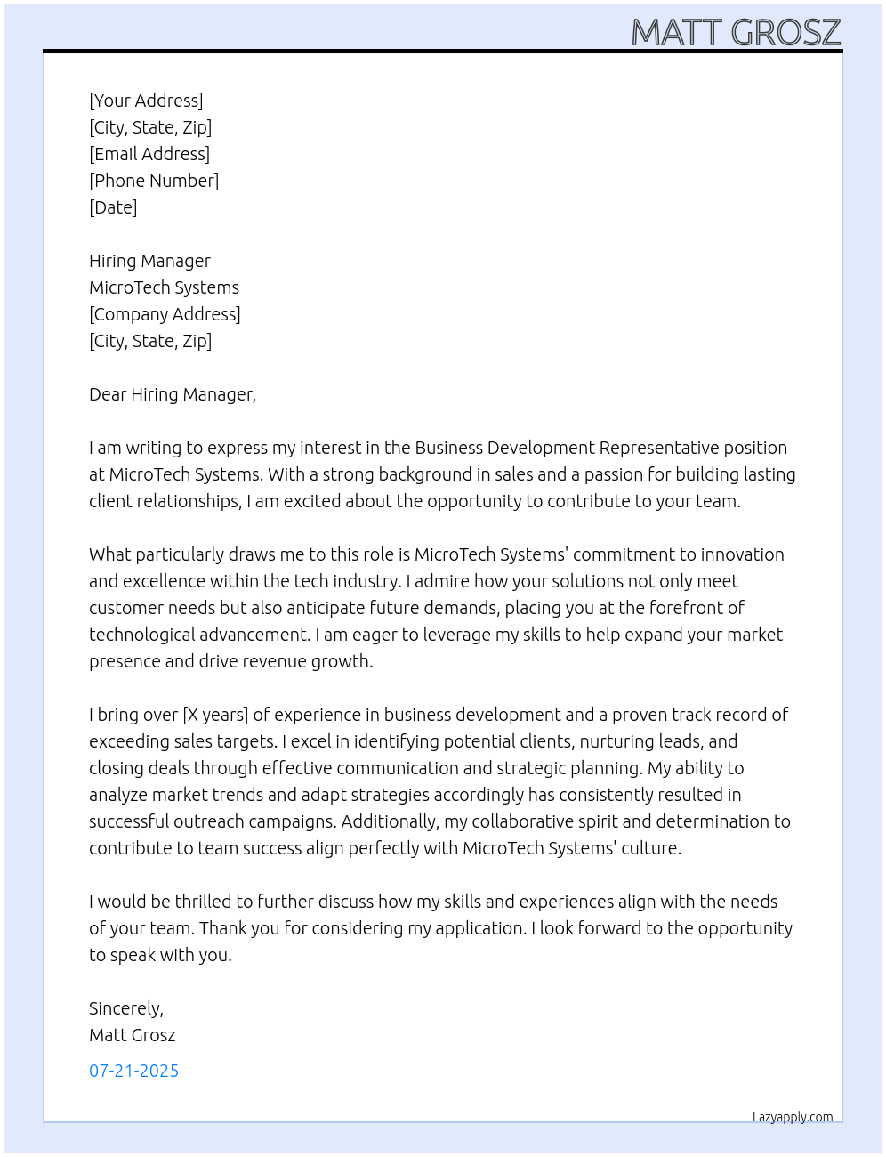 Business Development Representative At MicroTech Systems Cover Letter