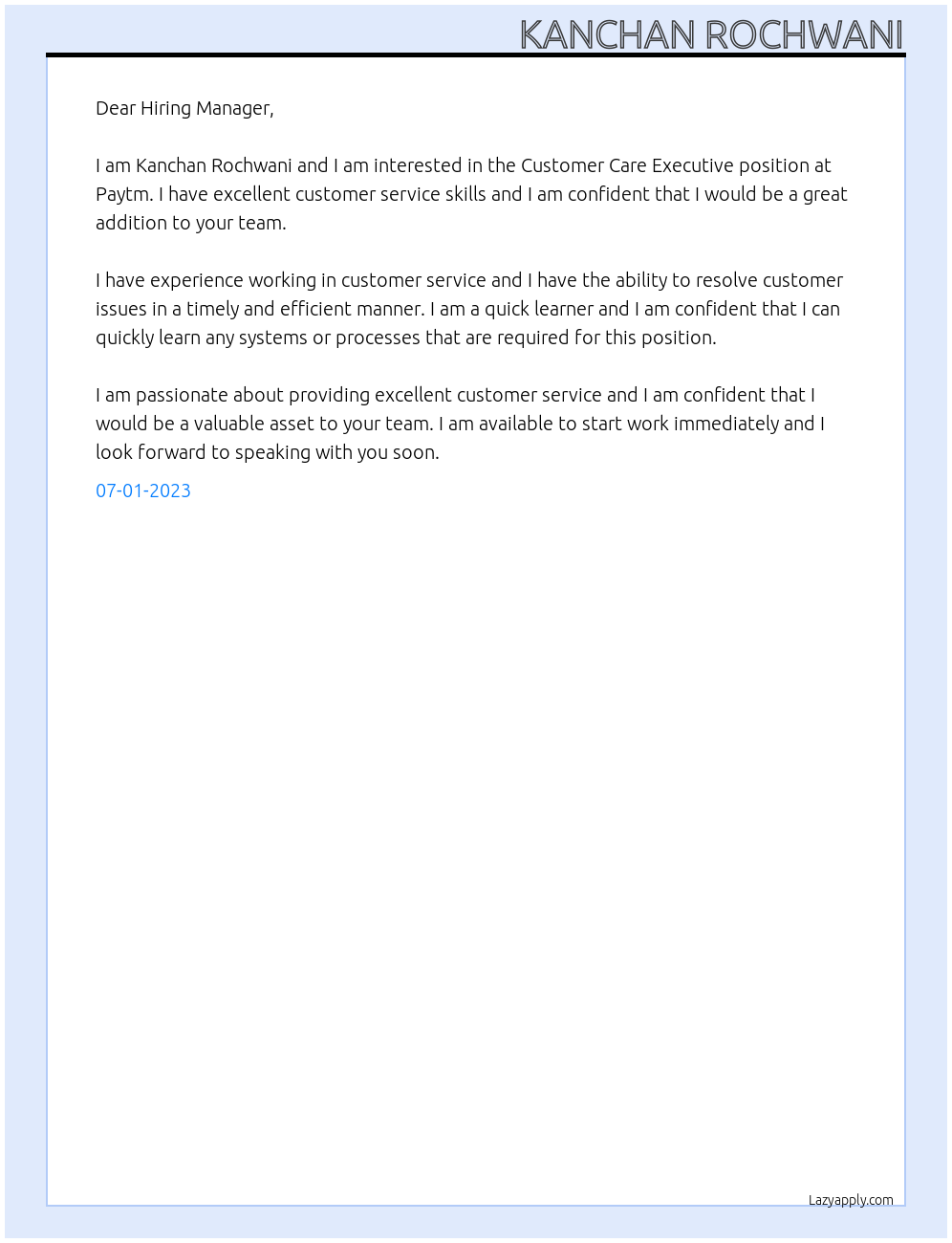Customer care executive At Paytm Cover Letter