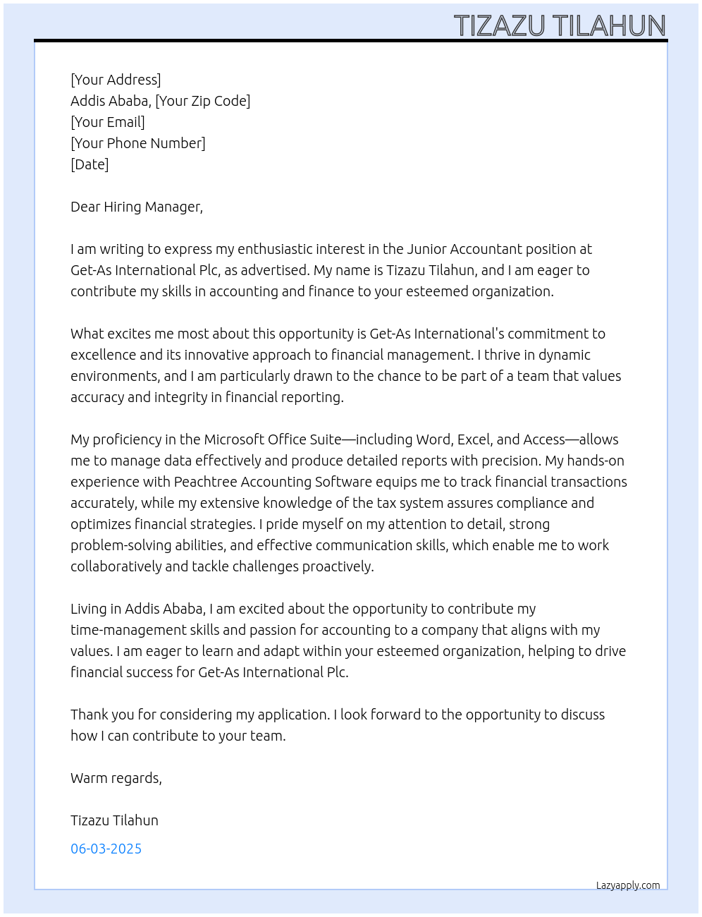 Junior Accountant At Get-As International Plc Cover Letter