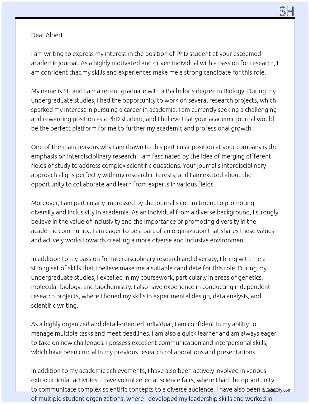 PhD student At academic journal Cover Letter