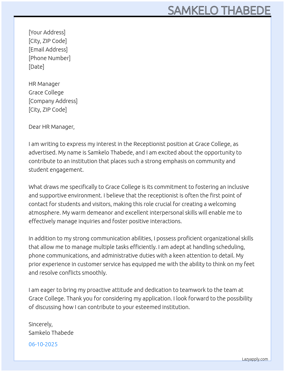 Receptionist At Grace College Cover Letter