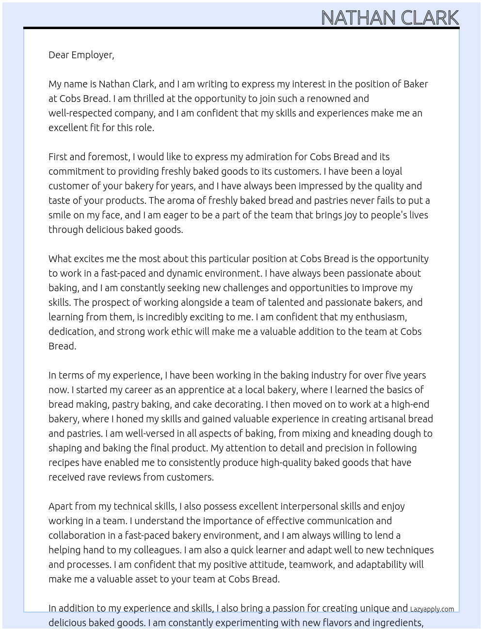 Baker At Cobs Bread Cover Letter