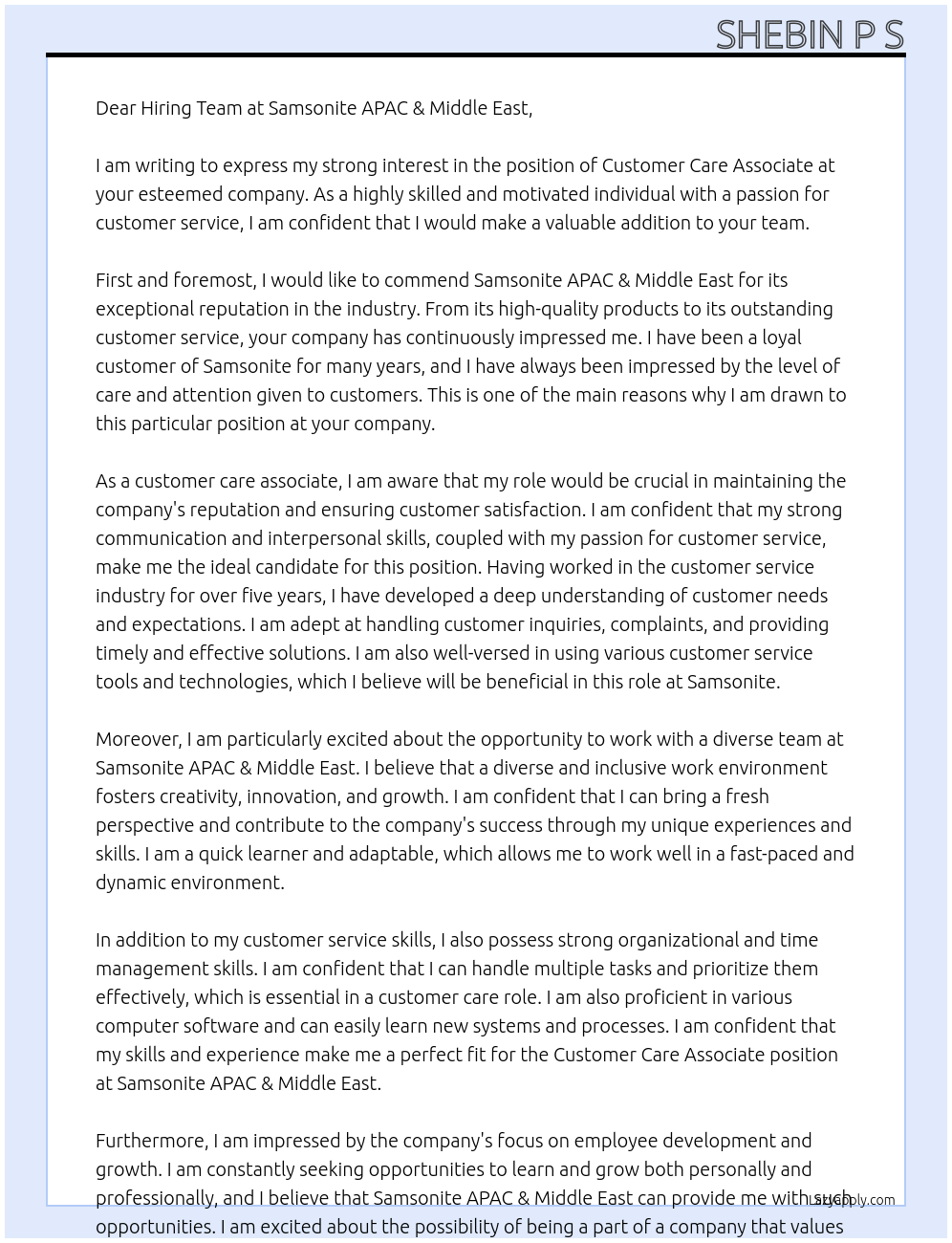 Customer Care Associate At Samsonite APAC & Middle East Cover Letter