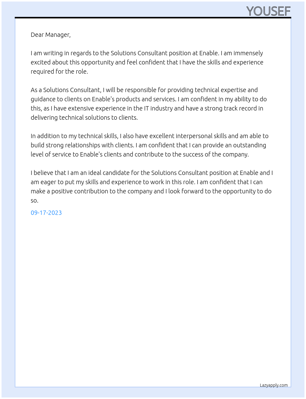 Cover letter for solutions consultant - LazyApply