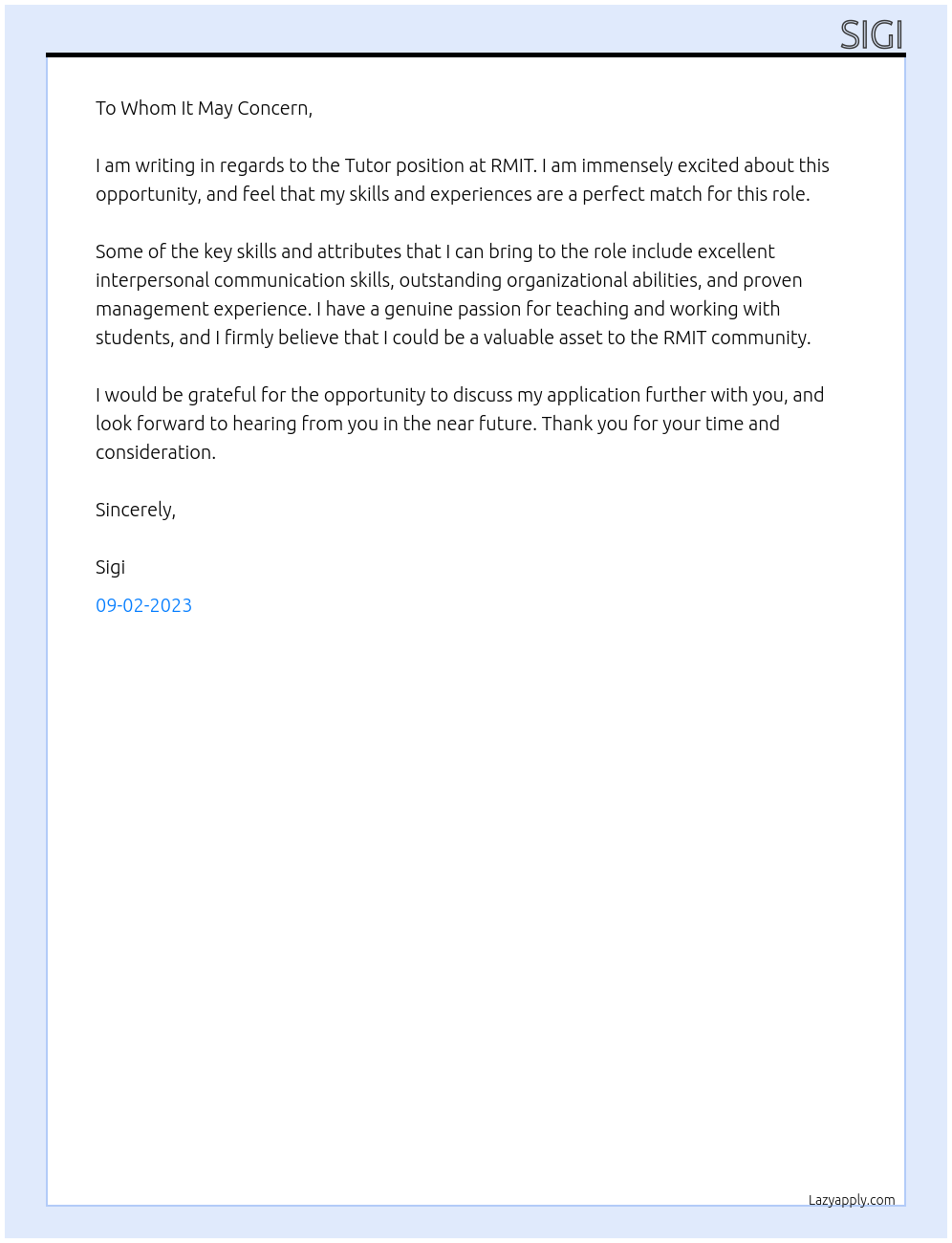 Tutor At RMIT Cover Letter