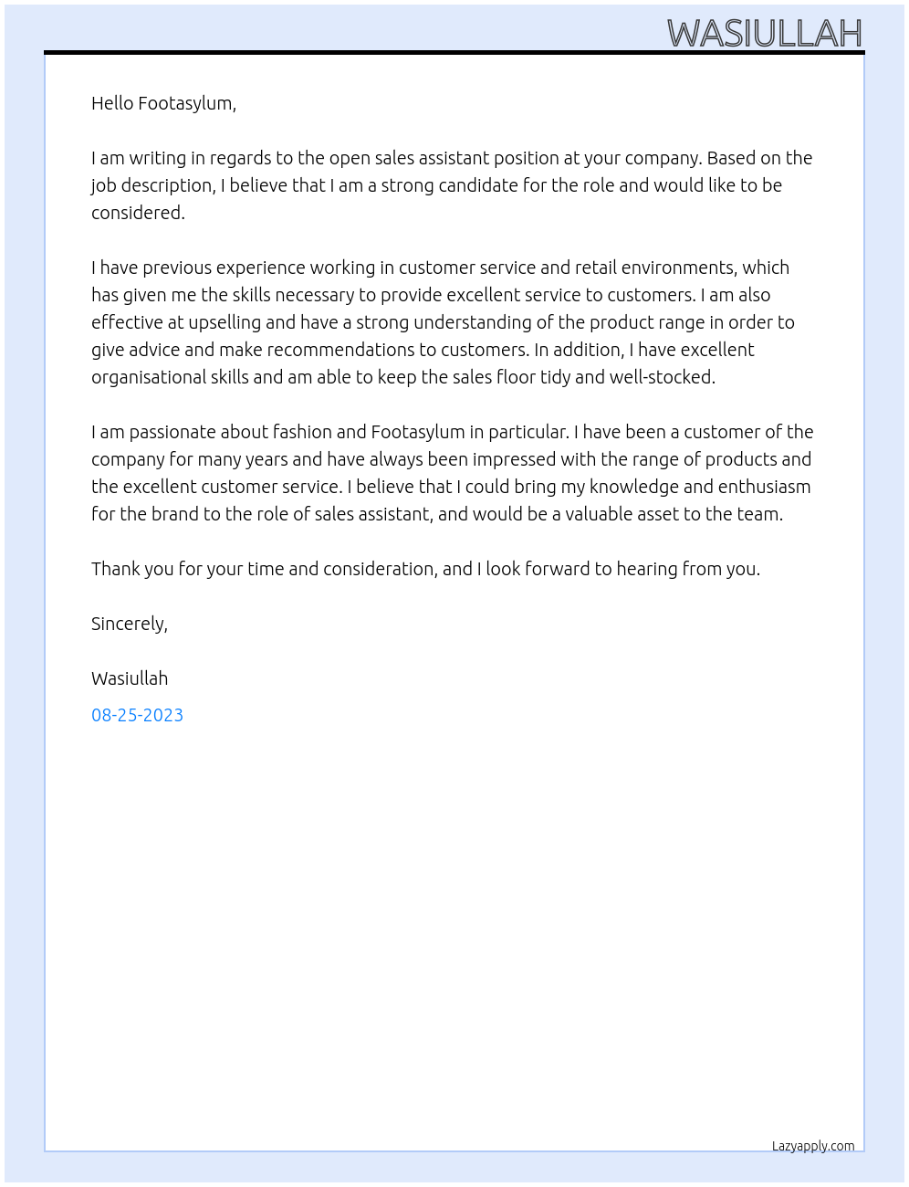 Sale assistant At Footasylum Cover Letter