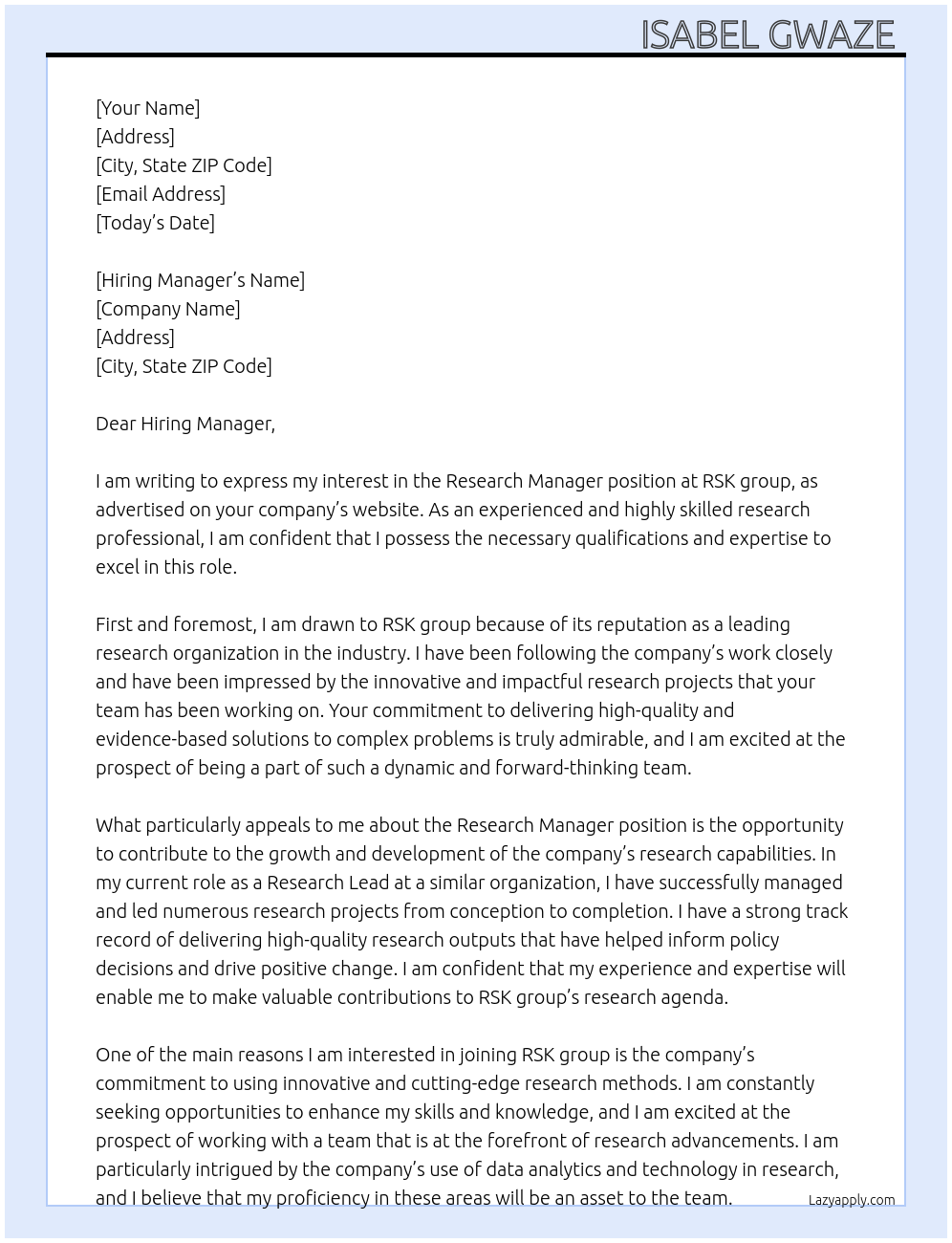 Research Manager At RSK group Cover Letter