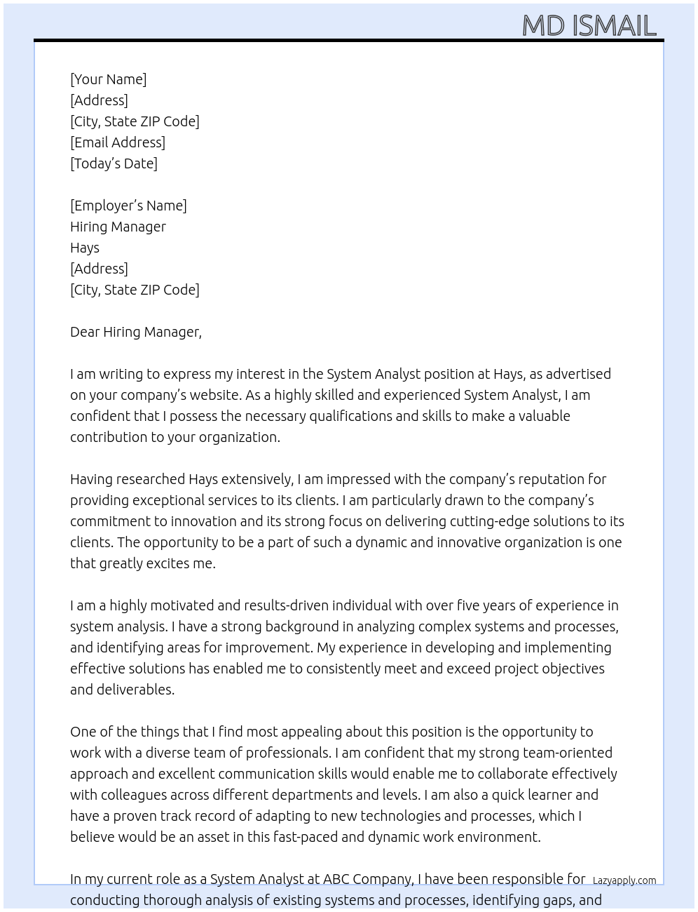 System Analyst At Hays Cover Letter