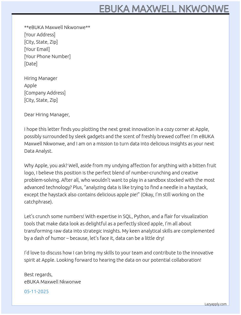 DATA ANALYST At apple Cover Letter