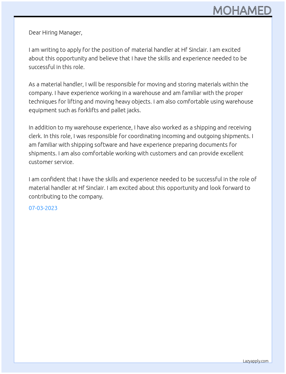 material handler At Hf Sinclair Cover Letter