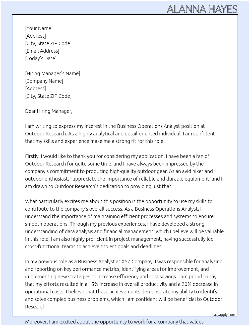 Business Operations Analyst  At Outdoor Research Cover Letter